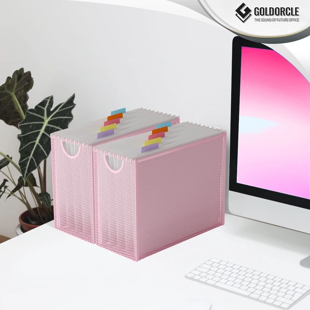 Alt view image 6 of 6 - Letter-Size Hanging File Organizer (Pink, with 5 Grey Folders) File Holder Filing Box for Desk, Metal Mesh Desk File Folder Storage for Office(No Assembly Required)
