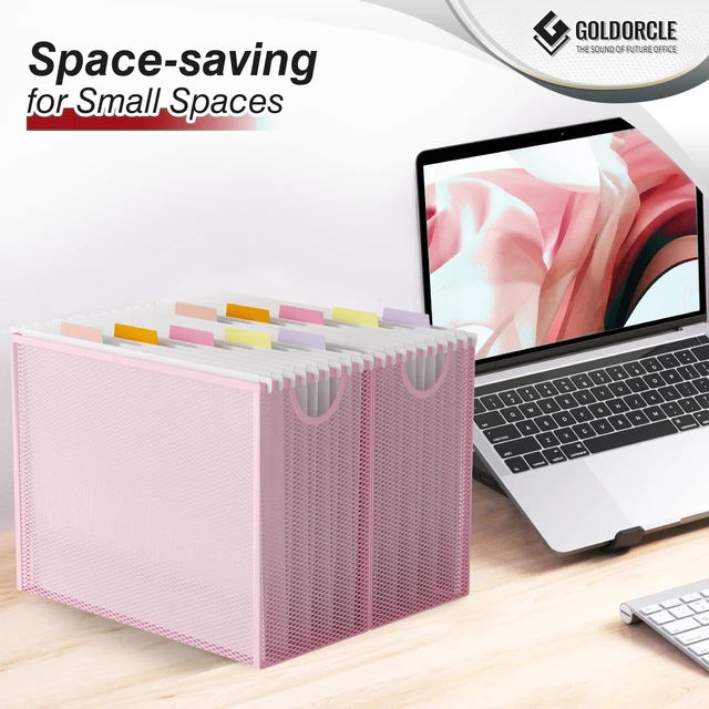 Alt view image 5 of 6 - Letter-Size Hanging File Organizer (Pink, with 5 Grey Folders) File Holder Filing Box for Desk, Metal Mesh Desk File Folder Storage for Office(No Assembly Required)