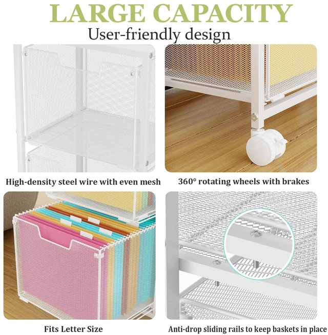 Alt view image 6 of 7 - Rolling File Cart with 2 Storage Drawers,Under Desk Storage Cart Hanging File Folder Organizer with Wheels, Filing Cabinet Mobile Printer Stand Utility Craft Cart for Home Office,White