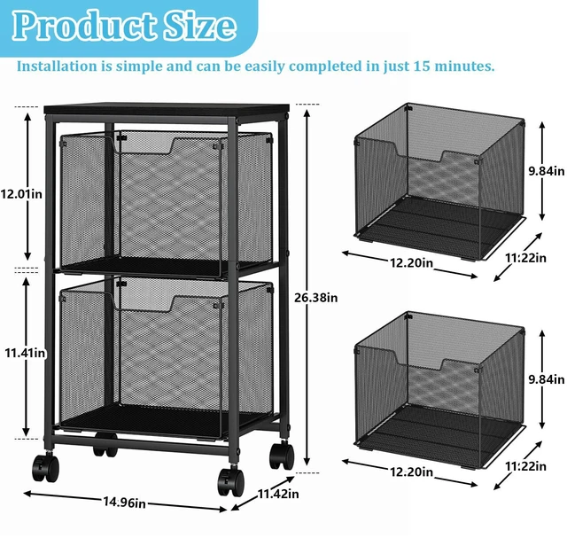 Alt view image 2 of 7 - Rolling File Cart with 2 Storage Drawers, Mobile File Cabinet with Wheels, Hanging File Folder Organizer, Under Desk Storage, Printer Stand Utility Cart Filing Cabinet for Home Office,Black