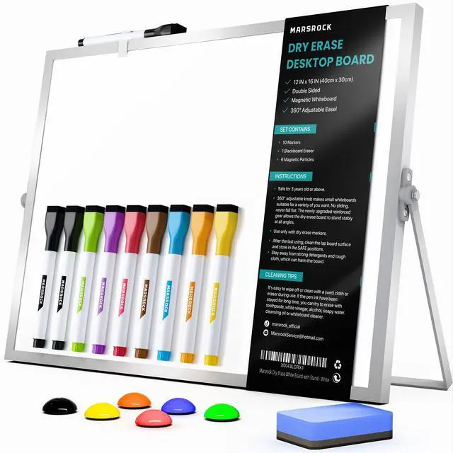 Main image of Dry Erase White Board with Stand, Double-Sided Whiteboard 16"x12" 10 Markers, 6 Magnets, 1 Eraser, Portable Desktop Whiteboard for School, Office & Home Planning