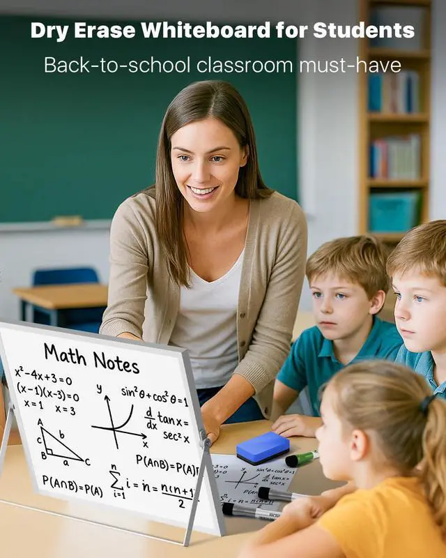 Alt view image 4 of 7 - Dry Erase White Board with Stand, Double-Sided Whiteboard 16"x12" 10 Markers, 6 Magnets, 1 Eraser, Portable Desktop Whiteboard for School, Office & Home Planning