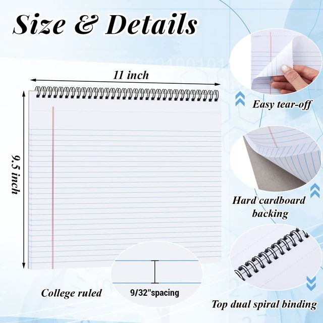 Alt view image 2 of 6 - 6 Landscape Legal Pad 11 x 9.5 College Ruled Top Spiral Horizontal Notebook 6 White Pads, 40 Sheets Each, Hole Punched Pages, White Paper for Meetings, Class Notes, Project Files and Daily Records