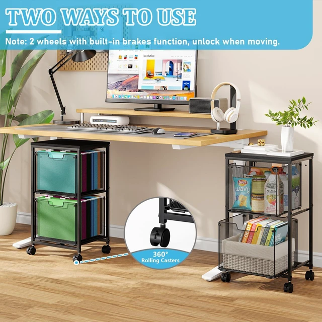 Alt view image 3 of 7 - Rolling File Cart with 2 Storage Drawers, Mobile File Cabinet with Wheels, Hanging File Folder Organizer, Under Desk Storage, Printer Stand Utility Cart Filing Cabinet for Home Office,Black
