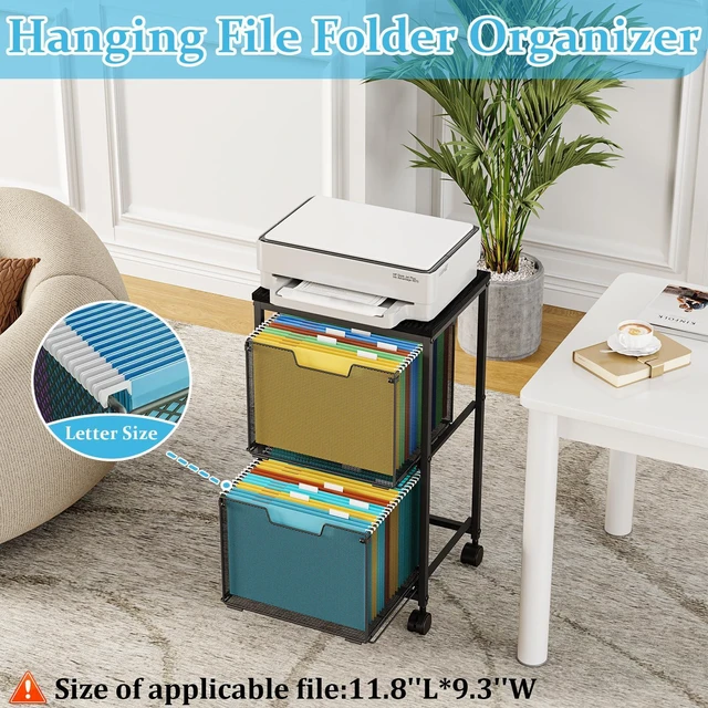 Alt view image 4 of 7 - Rolling File Cart with 2 Storage Drawers, Mobile File Cabinet with Wheels, Hanging File Folder Organizer, Under Desk Storage, Printer Stand Utility Cart Filing Cabinet for Home Office,Black