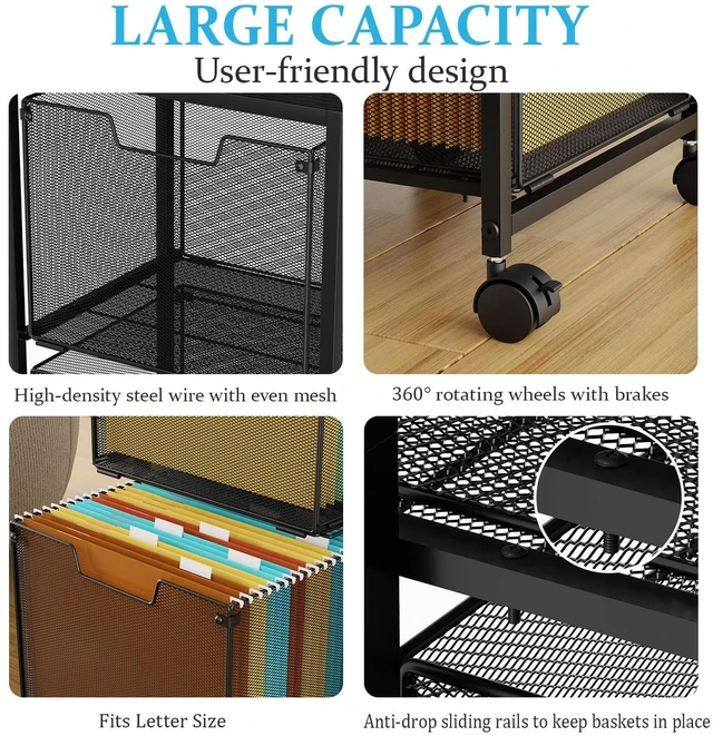 Alt view image 6 of 7 - Rolling File Cart with 2 Storage Drawers, Mobile File Cabinet with Wheels, Hanging File Folder Organizer, Under Desk Storage, Printer Stand Utility Cart Filing Cabinet for Home Office,Black