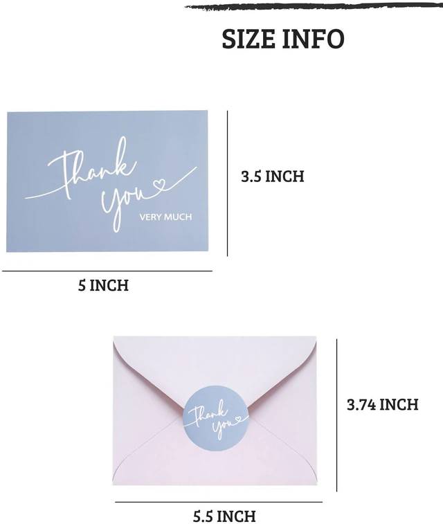 Alt view image 3 of 7 - 100 PK Blue Thank You Cards with Envelopes Bulk - 5 x 3.5 Inches Personalized Thank You Notes for Baby Shower Wedding Small Business Graduation Funeral Birthday