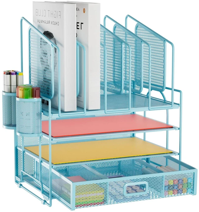 Main image of Desk Organizers, 4-Tier Mesh Desk File Organizer with 5 Vertical File Holders and 2 Pen Holders, Multifunction Desktop Organizer,Desk Organizers and Accessories for Home Office (Blue)