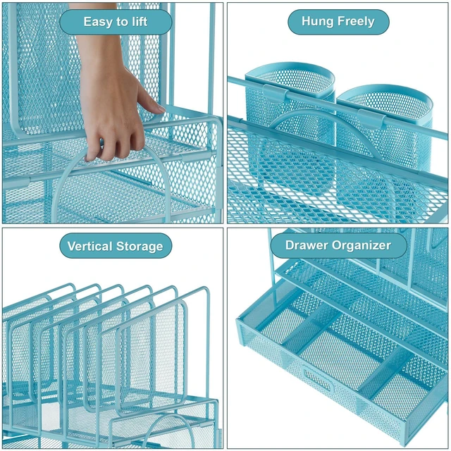 Alt view image 2 of 7 - Desk Organizers, 4-Tier Mesh Desk File Organizer with 5 Vertical File Holders and 2 Pen Holders, Multifunction Desktop Organizer,Desk Organizers and Accessories for Home Office (Blue)