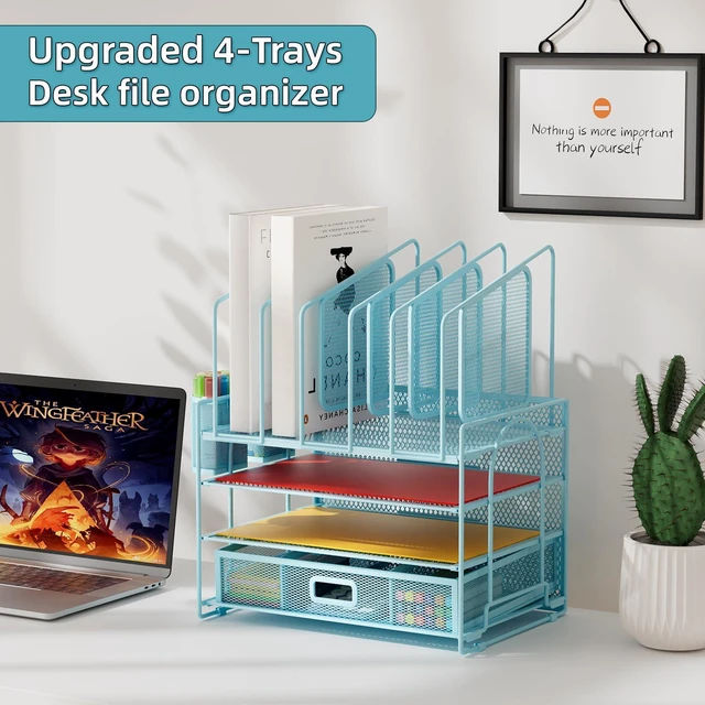 Alt view image 3 of 7 - Desk Organizers, 4-Tier Mesh Desk File Organizer with 5 Vertical File Holders and 2 Pen Holders, Multifunction Desktop Organizer,Desk Organizers and Accessories for Home Office (Blue)