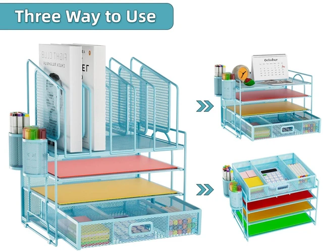 Alt view image 4 of 7 - Desk Organizers, 4-Tier Mesh Desk File Organizer with 5 Vertical File Holders and 2 Pen Holders, Multifunction Desktop Organizer,Desk Organizers and Accessories for Home Office (Blue)