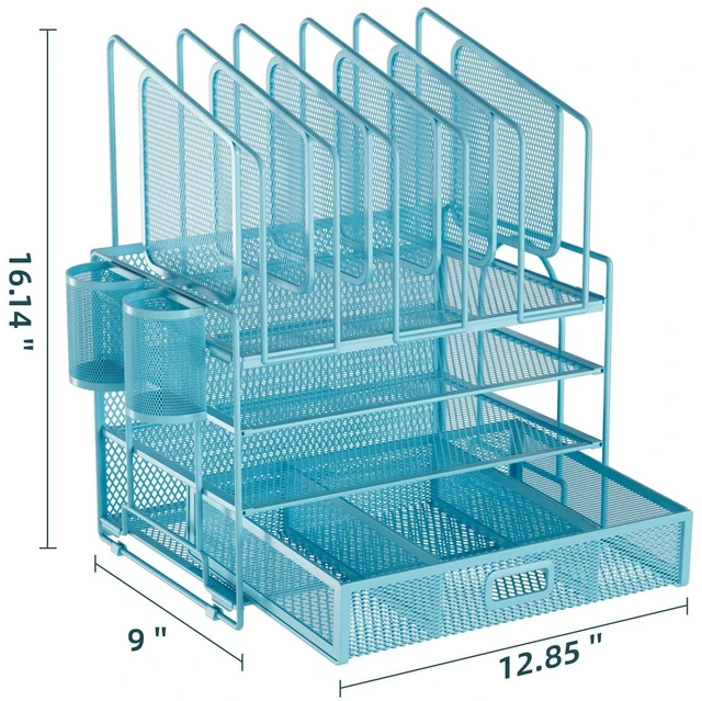 Alt view image 5 of 7 - Desk Organizers, 4-Tier Mesh Desk File Organizer with 5 Vertical File Holders and 2 Pen Holders, Multifunction Desktop Organizer,Desk Organizers and Accessories for Home Office (Blue)