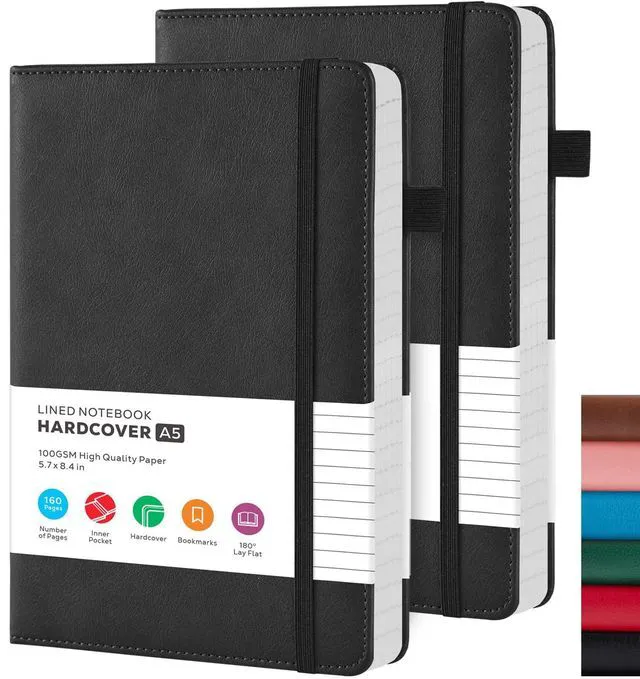 Main image of 2 Pack Lined Journal Notebook, A5 (5.7"x8.4") Journaling Notebooks for Women Men Writing Work, Black Leather Hardcover, 160 Pages, 100GSM Paper, Daily Journal College Ruled, School Office Supplies