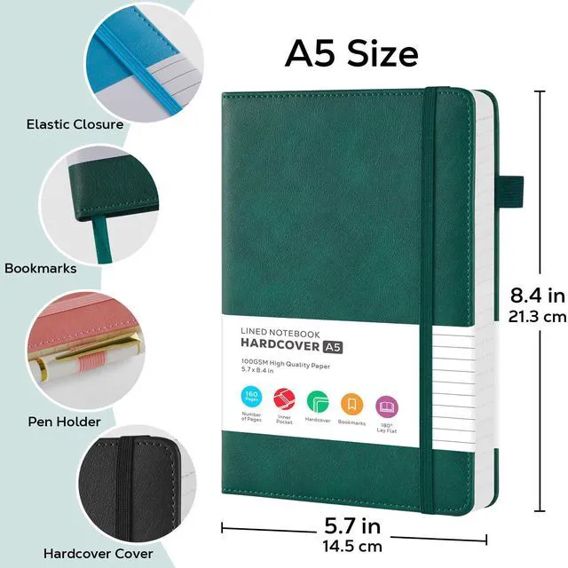 Alt view image 2 of 7 - 2 Pack Lined Journal Notebook, A5 (5.7"x8.4") Journaling Notebooks for Women Men Writing Work, Black Leather Hardcover, 160 Pages, 100GSM Paper, Daily Journal College Ruled, School Office Supplies
