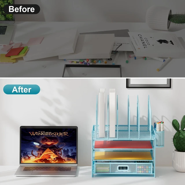 Alt view image 6 of 7 - Desk Organizers, 4-Tier Mesh Desk File Organizer with 5 Vertical File Holders and 2 Pen Holders, Multifunction Desktop Organizer,Desk Organizers and Accessories for Home Office (Blue)