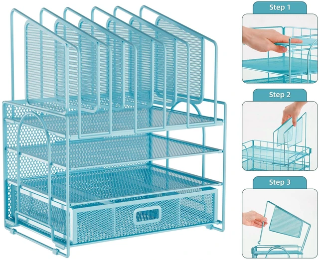 Alt view image 7 of 7 - Desk Organizers, 4-Tier Mesh Desk File Organizer with 5 Vertical File Holders and 2 Pen Holders, Multifunction Desktop Organizer,Desk Organizers and Accessories for Home Office (Blue)