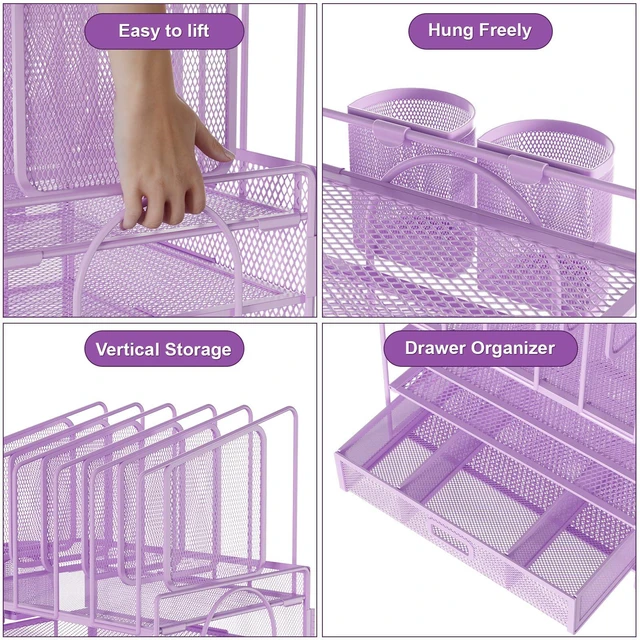 Alt view image 2 of 6 - Desk Organizers, 4-Tier Mesh Desk File Organizer with 5 Vertical File Holders and 2 Pen Holders, Multifunction Desktop Organizer,Desk Organizers and Accessories for Home Office (Purple)
