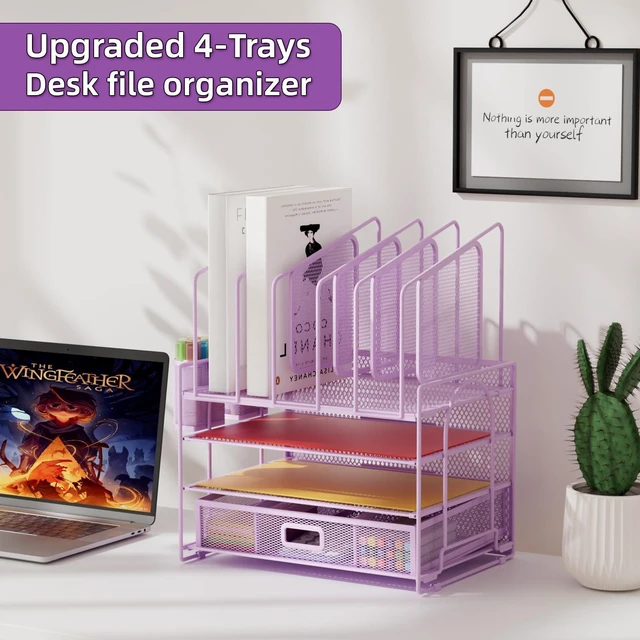 Alt view image 3 of 6 - Desk Organizers, 4-Tier Mesh Desk File Organizer with 5 Vertical File Holders and 2 Pen Holders, Multifunction Desktop Organizer,Desk Organizers and Accessories for Home Office (Purple)