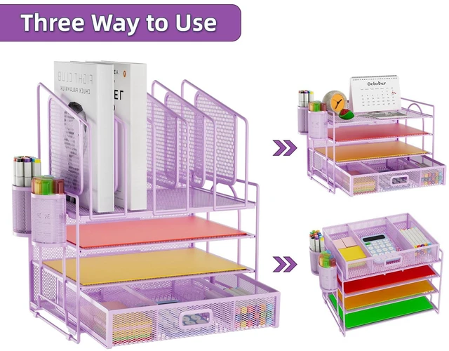 Alt view image 4 of 6 - Desk Organizers, 4-Tier Mesh Desk File Organizer with 5 Vertical File Holders and 2 Pen Holders, Multifunction Desktop Organizer,Desk Organizers and Accessories for Home Office (Purple)