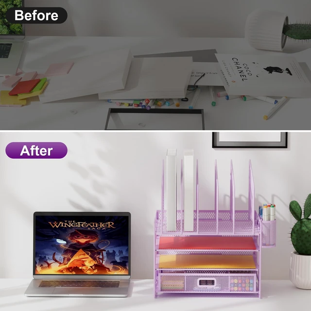 Alt view image 6 of 6 - Desk Organizers, 4-Tier Mesh Desk File Organizer with 5 Vertical File Holders and 2 Pen Holders, Multifunction Desktop Organizer,Desk Organizers and Accessories for Home Office (Purple)