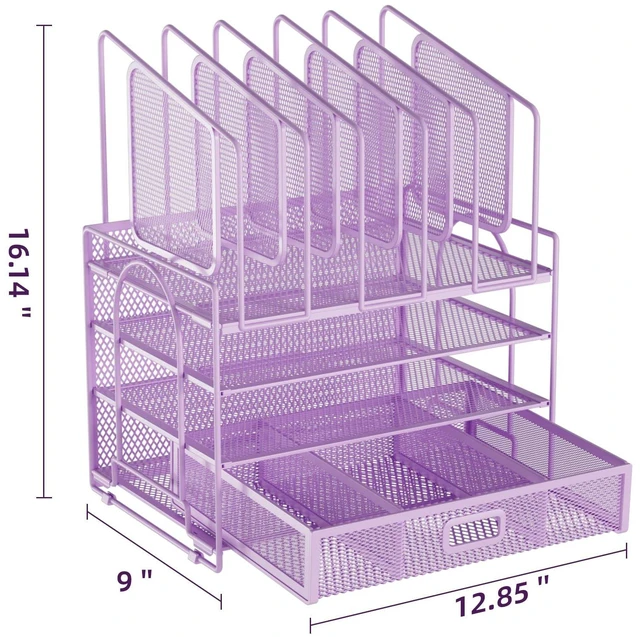 Alt view image 5 of 6 - Desk Organizers, 4-Tier Mesh Desk File Organizer with 5 Vertical File Holders and 2 Pen Holders, Multifunction Desktop Organizer,Desk Organizers and Accessories for Home Office (Purple)