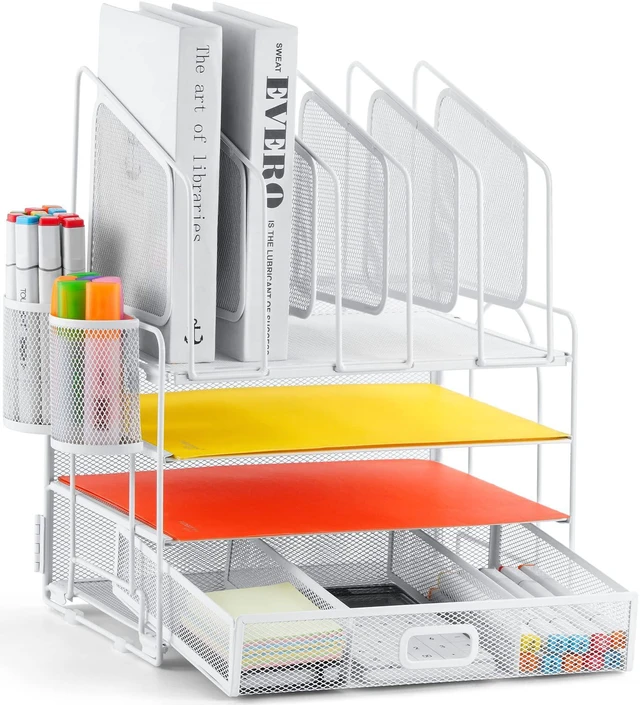 Main image of Desk Organizers, 4-Tier Mesh Desk File Organizer with 5 Vertical File Holders and 2 Pen Holders, Multifunction Desktop Organizer,Desk Organizers and Accessories for Home Office (White)