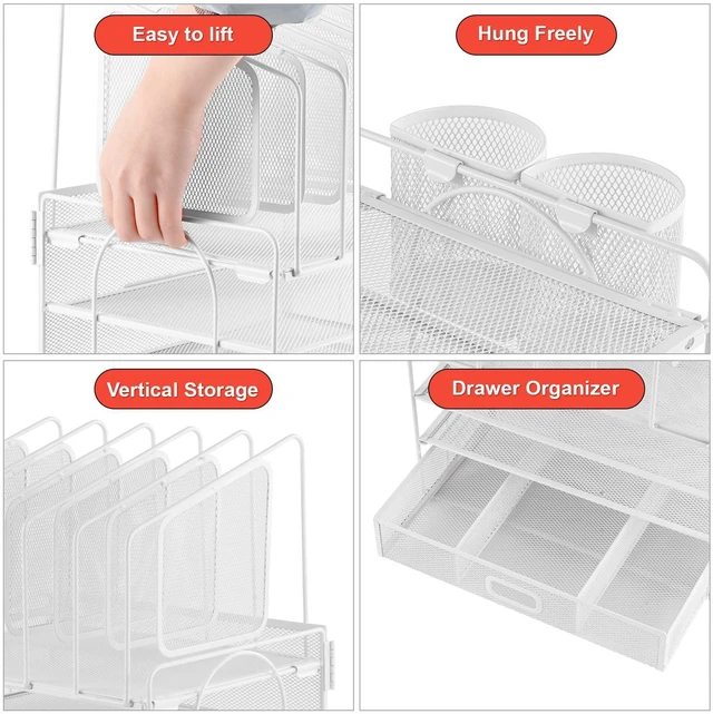 Alt view image 2 of 7 - Desk Organizers, 4-Tier Mesh Desk File Organizer with 5 Vertical File Holders and 2 Pen Holders, Multifunction Desktop Organizer,Desk Organizers and Accessories for Home Office (White)