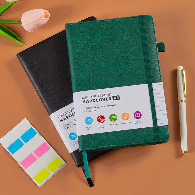 Alt view image 6 of 7 - 2 Pack Lined Journal Notebook, A5 (5.7"x8.4") Journaling Notebooks for Women Men Writing Work, Black Leather Hardcover, 160 Pages, 100GSM Paper, Daily Journal College Ruled, School Office Supplies