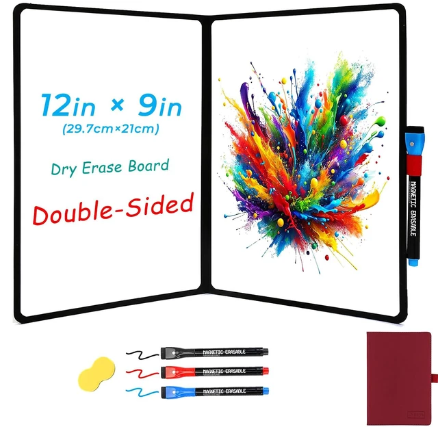 Main image of Double-Sided White Board 12x9 inch - Ultra-Thin Portable Dry Erase Board with 3 Markers & Anti-Ghosting Surface | Magnetic-Ready | Foldable for Office, School, Travel, Homeschool (Red)