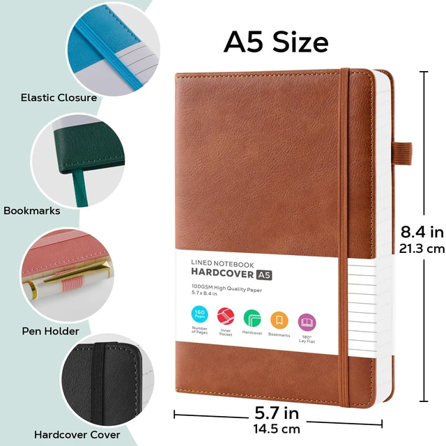 Alt view image 2 of 7 - Lined Journal Notebook, A5 (5.7'' x 8.4"), 2 Pack Journaling Notebooks for Women Men Writing Work, Leather Hardcover, 160 Pages per Note Book, 100GSM Thick Paper, School Office Supplies, Black & Brown