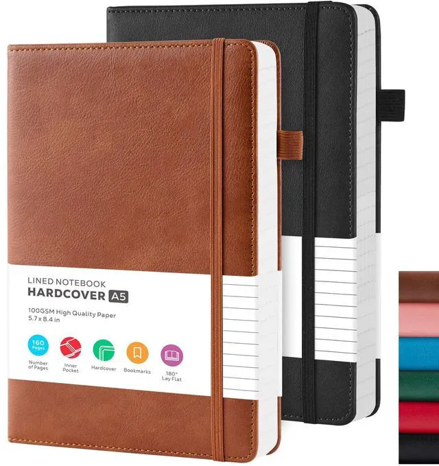 Main image of Lined Journal Notebook, A5 (5.7'' x 8.4"), 2 Pack Journaling Notebooks for Women Men Writing Work, Leather Hardcover, 160 Pages per Note Book, 100GSM Thick Paper, School Office Supplies, Black & Brown