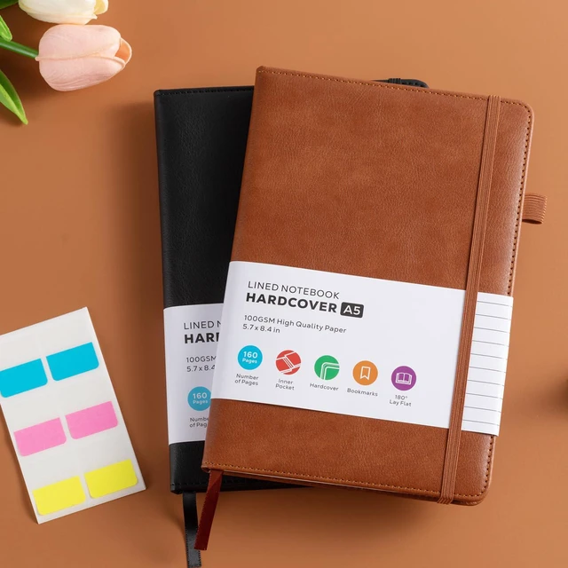 Alt view image 6 of 7 - Lined Journal Notebook, A5 (5.7'' x 8.4"), 2 Pack Journaling Notebooks for Women Men Writing Work, Leather Hardcover, 160 Pages per Note Book, 100GSM Thick Paper, School Office Supplies, Black & Brown