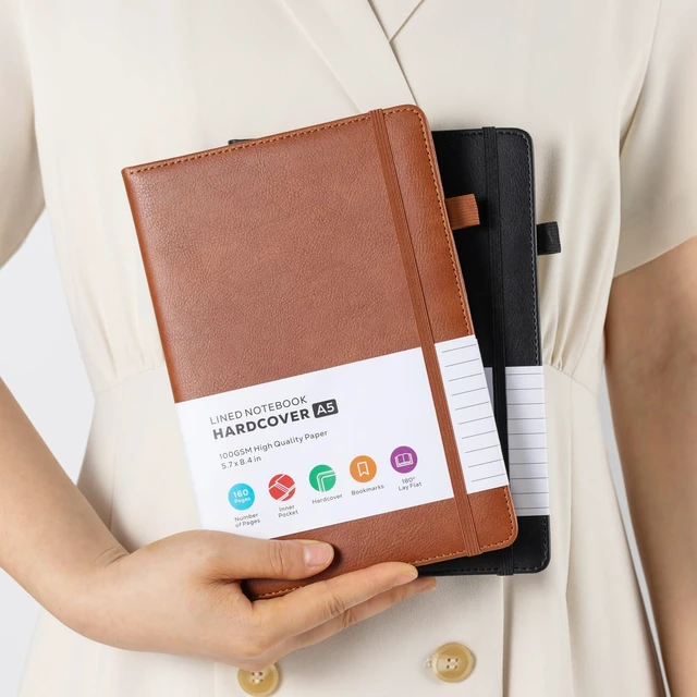 Alt view image 7 of 7 - Lined Journal Notebook, A5 (5.7'' x 8.4"), 2 Pack Journaling Notebooks for Women Men Writing Work, Leather Hardcover, 160 Pages per Note Book, 100GSM Thick Paper, School Office Supplies, Black & Brown