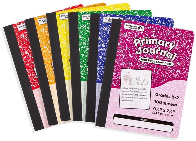 Main image of 6 Primary Journal Composition Notebook K-2, Half Page 100 Sheets Each, Blank Top for Drawing, Lined Bottom for Writing, Assorted Colors, Grades K-2, Kindergarten Writing Paper