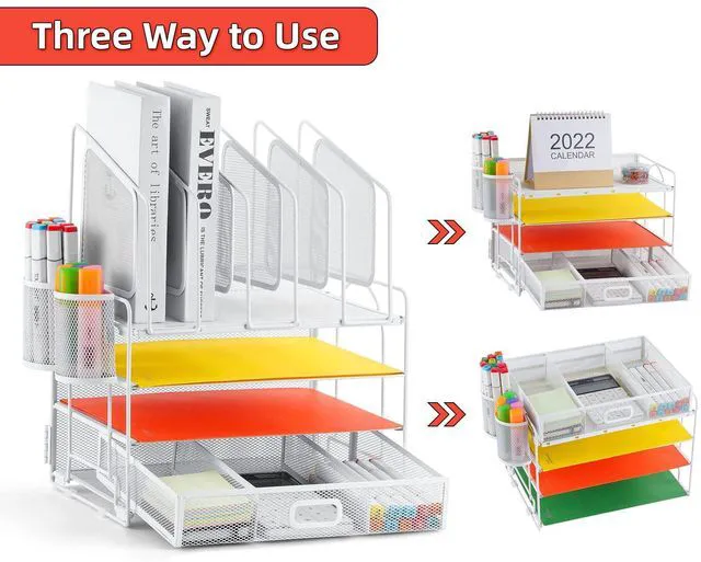Alt view image 3 of 7 - Desk Organizers, 4-Tier Mesh Desk File Organizer with 5 Vertical File Holders and 2 Pen Holders, Multifunction Desktop Organizer,Desk Organizers and Accessories for Home Office (White)
