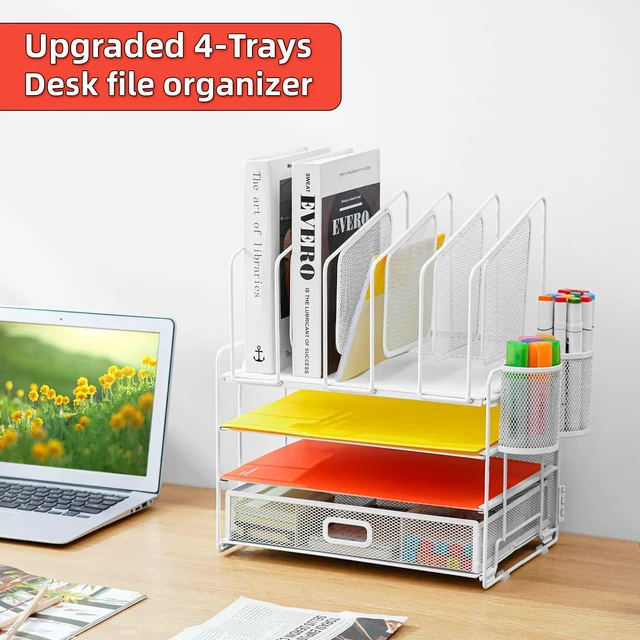 Alt view image 4 of 7 - Desk Organizers, 4-Tier Mesh Desk File Organizer with 5 Vertical File Holders and 2 Pen Holders, Multifunction Desktop Organizer,Desk Organizers and Accessories for Home Office (White)