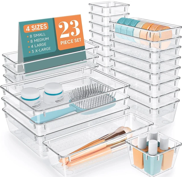 Main image of 23 PCS Plastic Drawer Organizers Set, 4 Size Desk Drawer Organizer Trays 4 Size Desk Drawer Organizer Trays for Makeup, Jewelry, Kitchen Utensils, Gadgets and Office
