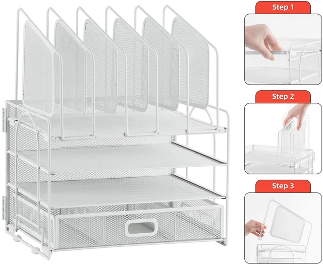 Alt view image 7 of 7 - Desk Organizers, 4-Tier Mesh Desk File Organizer with 5 Vertical File Holders and 2 Pen Holders, Multifunction Desktop Organizer,Desk Organizers and Accessories for Home Office (White)