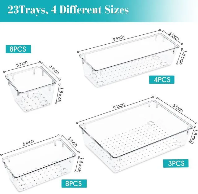 Alt view image 2 of 6 - 23 PCS Plastic Drawer Organizers Set, 4 Size Desk Drawer Organizer Trays 4 Size Desk Drawer Organizer Trays for Makeup, Jewelry, Kitchen Utensils, Gadgets and Office