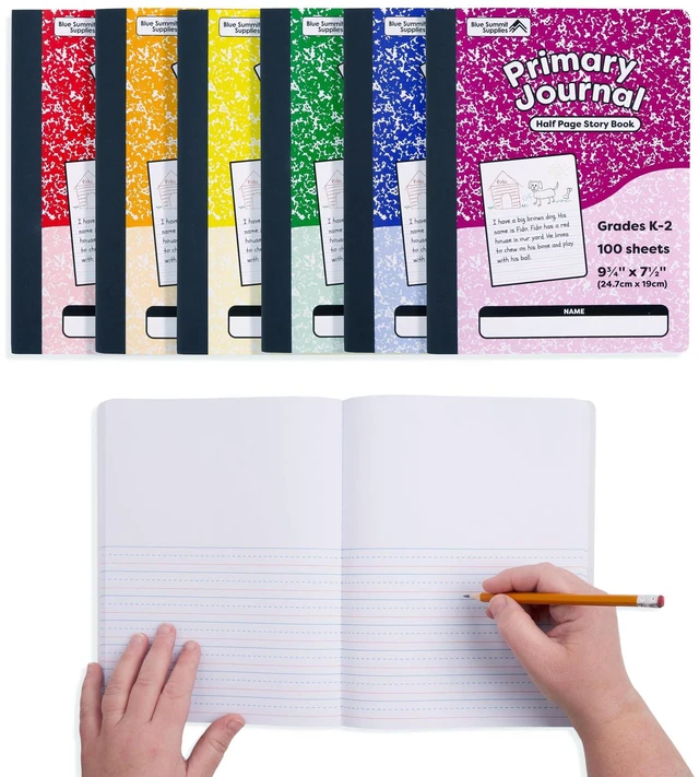 Alt view image 6 of 6 - 6 Primary Journal Composition Notebook K-2, Half Page 100 Sheets Each, Blank Top for Drawing, Lined Bottom for Writing, Assorted Colors, Grades K-2, Kindergarten Writing Paper