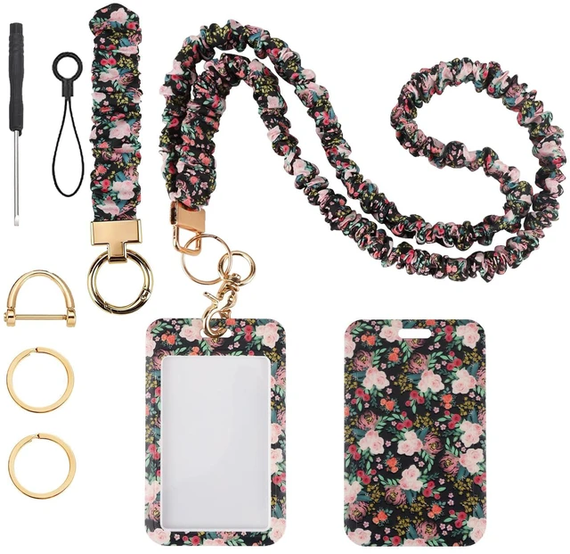 Main image of Teacher Lanyard, Scrunchie Lanyard with ID Badge for Women Soft Stretchy Lanyards Retractable Lanyards for Id Badges Keys Neck and Wrist Keychain Flower Style