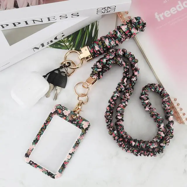 Alt view image 4 of 7 - Teacher Lanyard, Scrunchie Lanyard with ID Badge for Women Soft Stretchy Lanyards Retractable Lanyards for Id Badges Keys Neck and Wrist Keychain Flower Style
