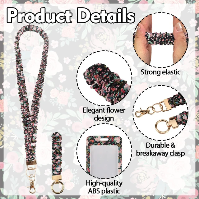 Alt view image 5 of 7 - Teacher Lanyard, Scrunchie Lanyard with ID Badge for Women Soft Stretchy Lanyards Retractable Lanyards for Id Badges Keys Neck and Wrist Keychain Flower Style