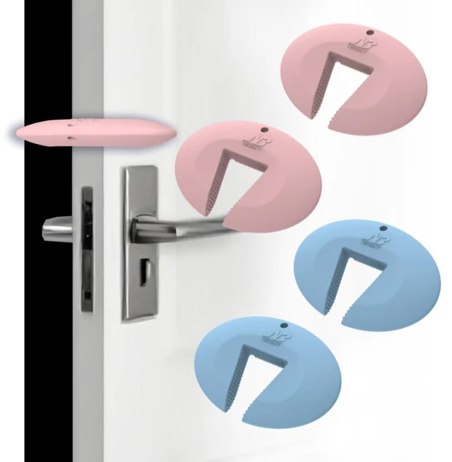 Main image of Door Pinch Guard and Door Slam Stopper, Durable Silicone Door Finger Pinch Guard, Prevents Slamming on Even Heavy Doors, Non-Toxic & Pet Friendly, 4 Packs 2 Pink 2 Blue
