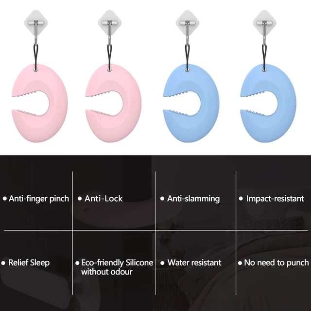 Alt view image 6 of 7 - Door Pinch Guard and Door Slam Stopper, Durable Silicone Door Finger Pinch Guard, Prevents Slamming on Even Heavy Doors, Non-Toxic & Pet Friendly, 4 Packs 2 Pink 2 Blue