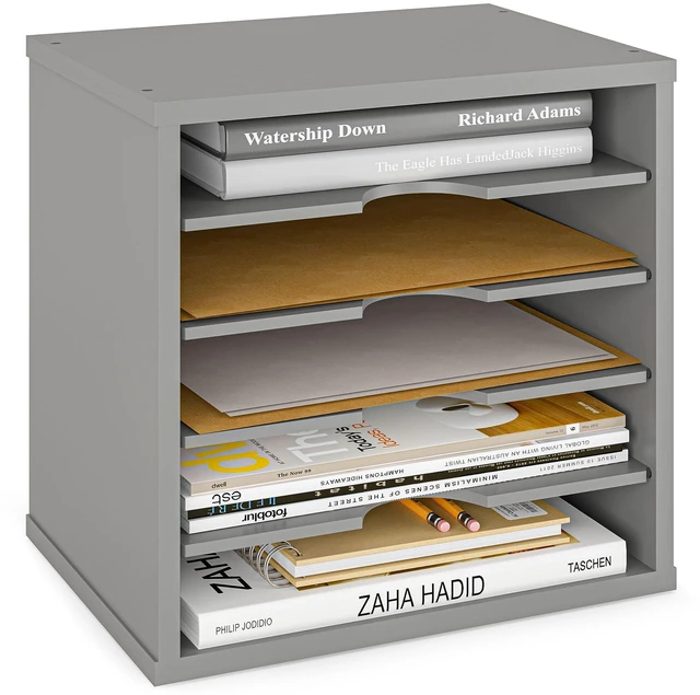 Main image of 5-Tier File Organizer for Desk, Wooden Mail Sorter, Office Desk Organization, Paper Storage Organizers, Folder Holder for Desk, Letter Trays & Stacking Supports, Gray