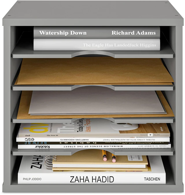 Alt view image 2 of 7 - 5-Tier File Organizer for Desk, Wooden Mail Sorter, Office Desk Organization, Paper Storage Organizers, Folder Holder for Desk, Letter Trays & Stacking Supports, Gray