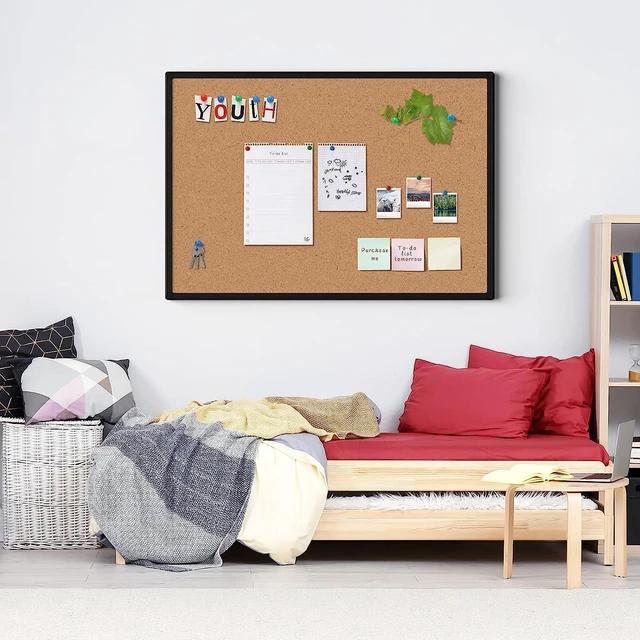 Alt view image 2 of 7 - Cork Board Bulletin Board 24 x 18, Black Aluminium Framed Corkboard, Office Board for Wall Cork, Large Wall Mounted Notice Pin Board with 16 Push Pins for School, Home & Office
