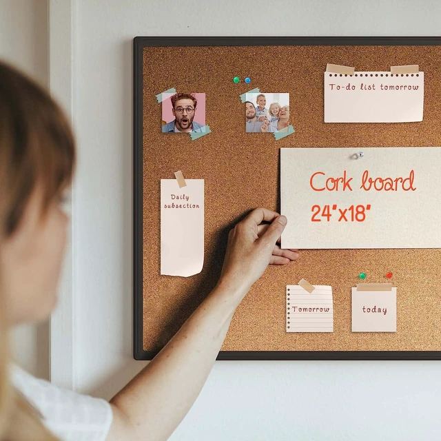Alt view image 3 of 7 - Cork Board Bulletin Board 24 x 18, Black Aluminium Framed Corkboard, Office Board for Wall Cork, Large Wall Mounted Notice Pin Board with 16 Push Pins for School, Home & Office