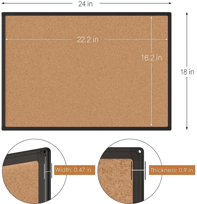 Alt view image 4 of 7 - Cork Board Bulletin Board 24 x 18, Black Aluminium Framed Corkboard, Office Board for Wall Cork, Large Wall Mounted Notice Pin Board with 16 Push Pins for School, Home & Office